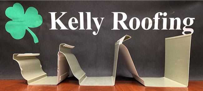 Kelly Roofing display showing different metal gutter profile options used for residential roofing and drainage systems