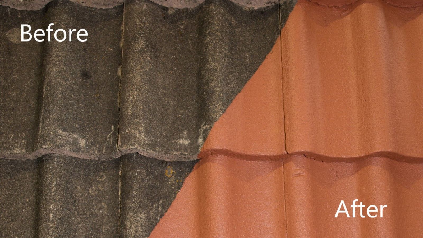 Before and after comparison of a tile roof showing professional roof cleaning and restoration removing dirt, algae, and discoloration