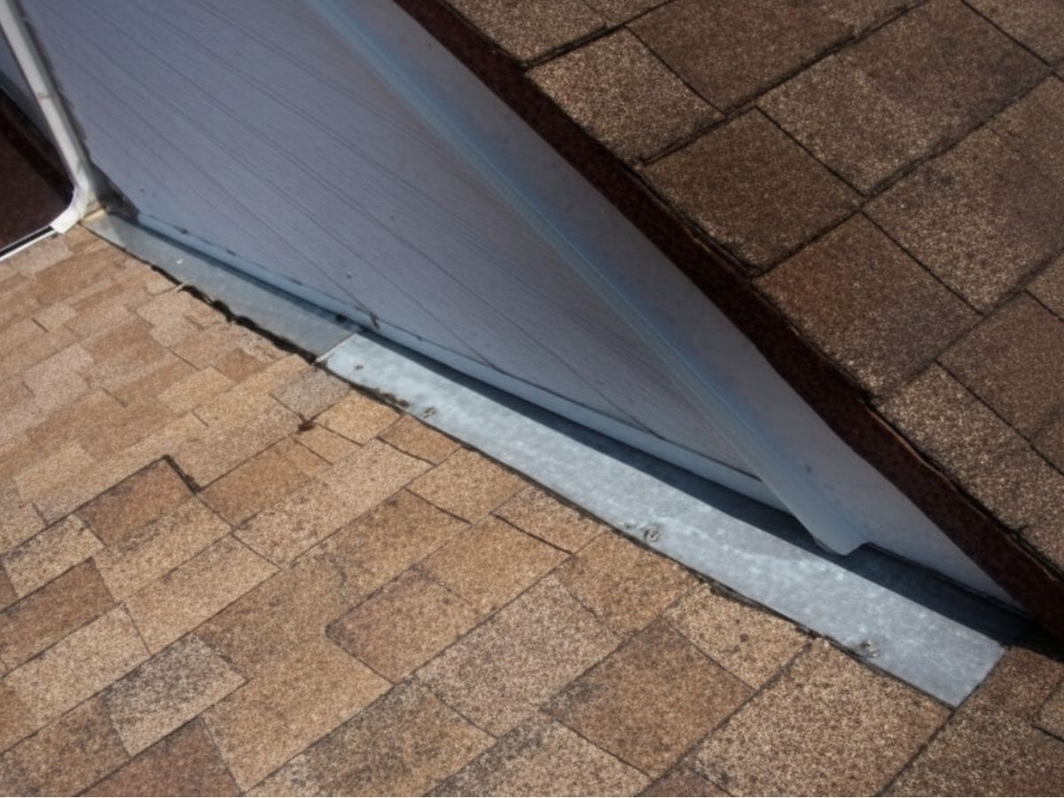 Rusted metal roof fasteners and flashing causing brown rust stains and deterioration on asphalt shingles along the roof edge