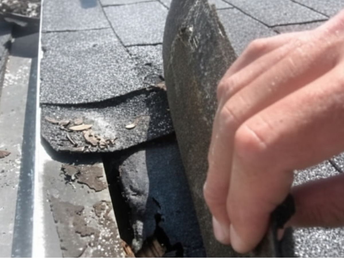 Lifted asphalt shingle exposing flashing and underlayment (improperly sealed / potential leak point)