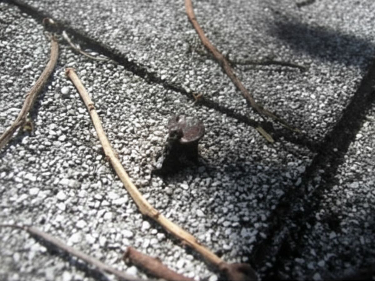 Protruding or popped roofing nail penetrating asphalt shingle, creating a potential leak point