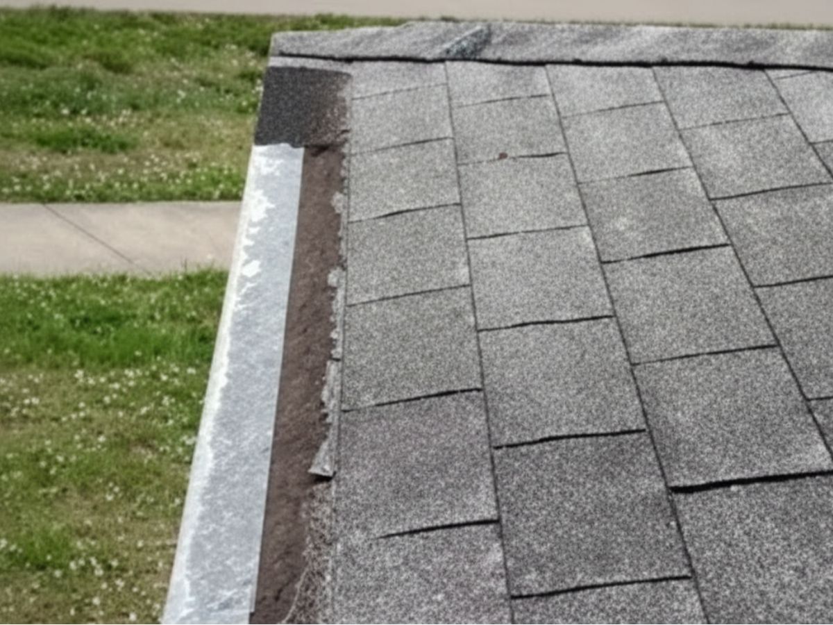 Improperly installed or deteriorated rake edge flashing with exposed underlayment and lifted asphalt shingles