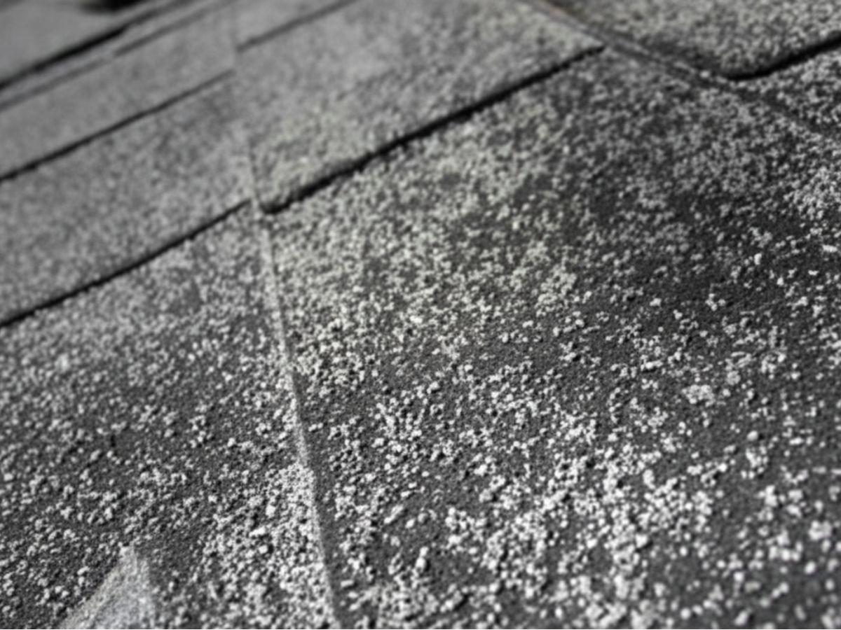 Granule loss and surface wear on asphalt shingles (advanced aging / weathering)