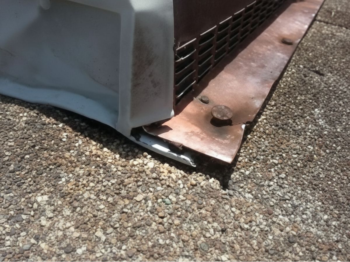 Improperly sealed HVAC curb flashing with exposed fasteners