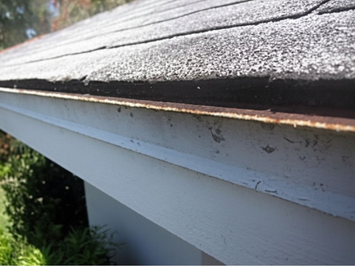 Lifted asphalt shingles at roof edge exposing metal drip edge