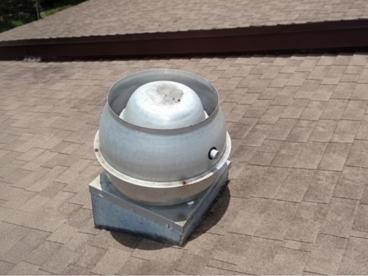 Roof exhaust fan installed on asphalt shingle roof