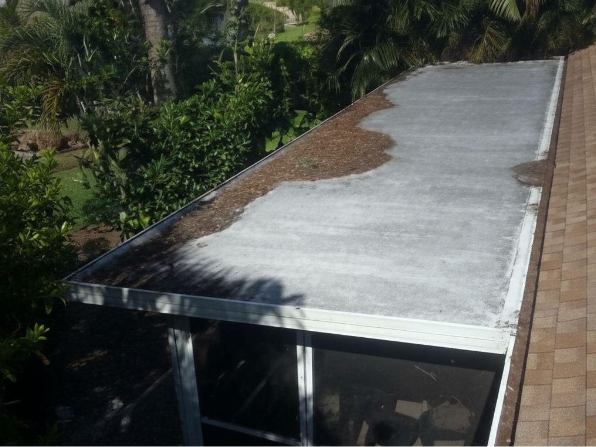 Debris buildup and surface wear on flat roof