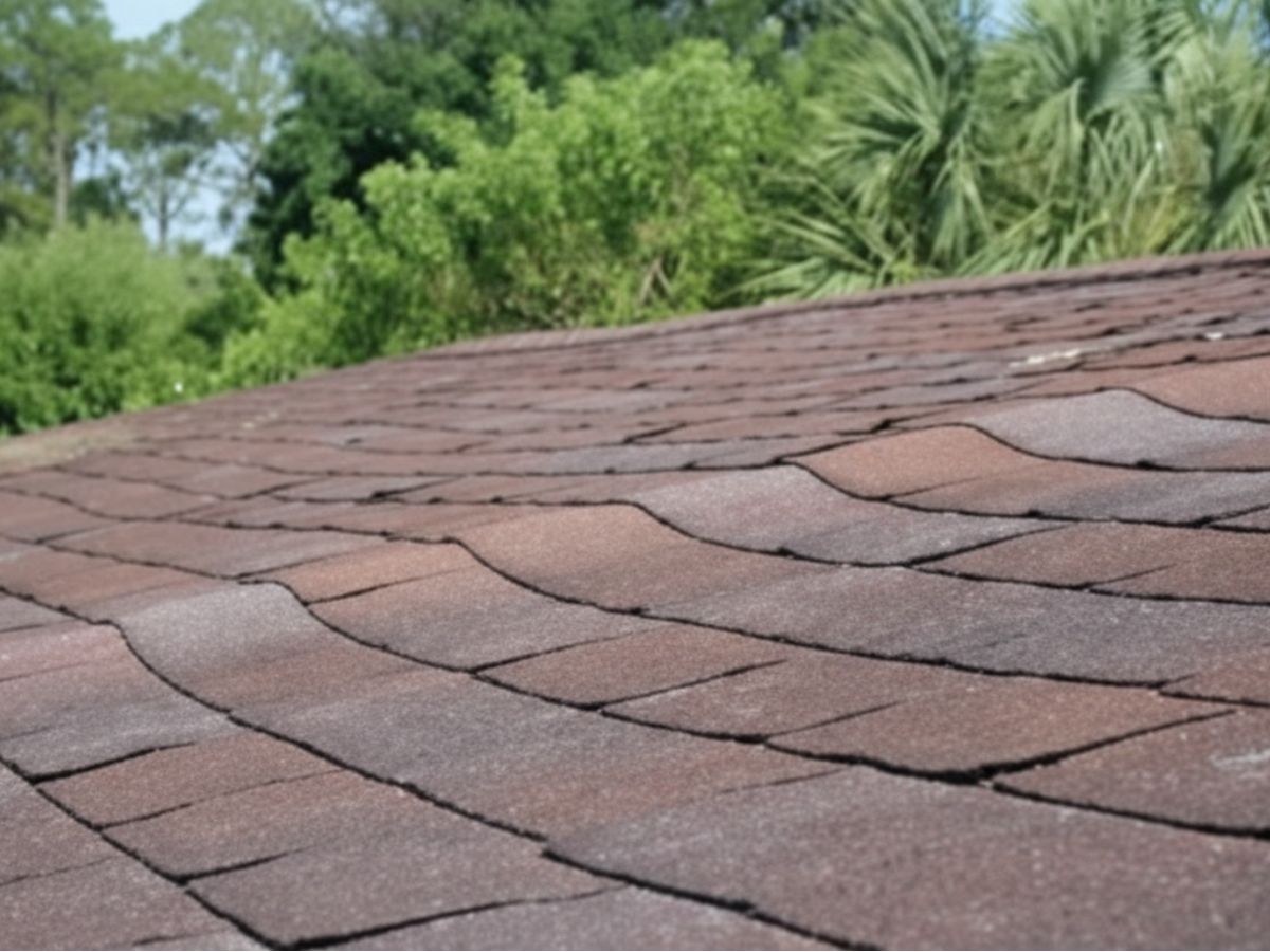Worn and uneven asphalt shingles on residential roof