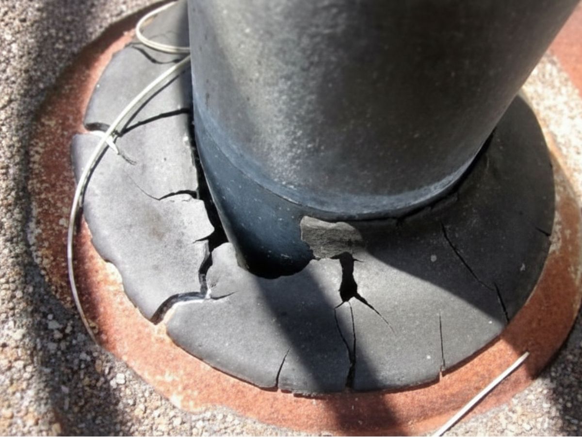 Cracked pipe boot flashing on asphalt shingle roof