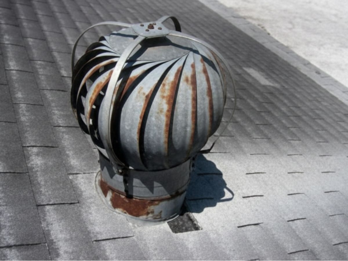Rusting turbine roof vent on asphalt shingles
