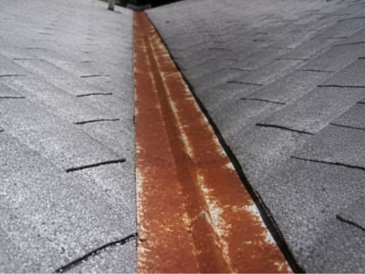 Rusted metal valley flashing between asphalt shingles