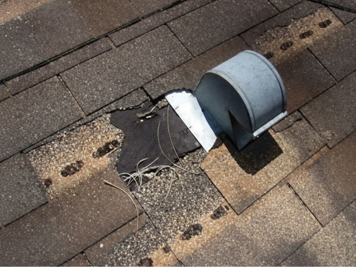 Damaged roof vent flashing on asphalt shingles