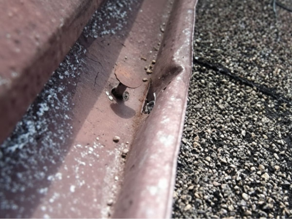 Exposed fastener and deteriorated sealant in metal roof flashing with signs of corrosion