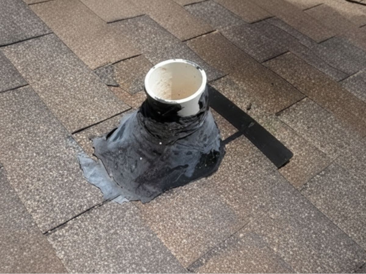 Damaged plumbing vent flashing with exposed PVC pipe on asphalt shingle roof