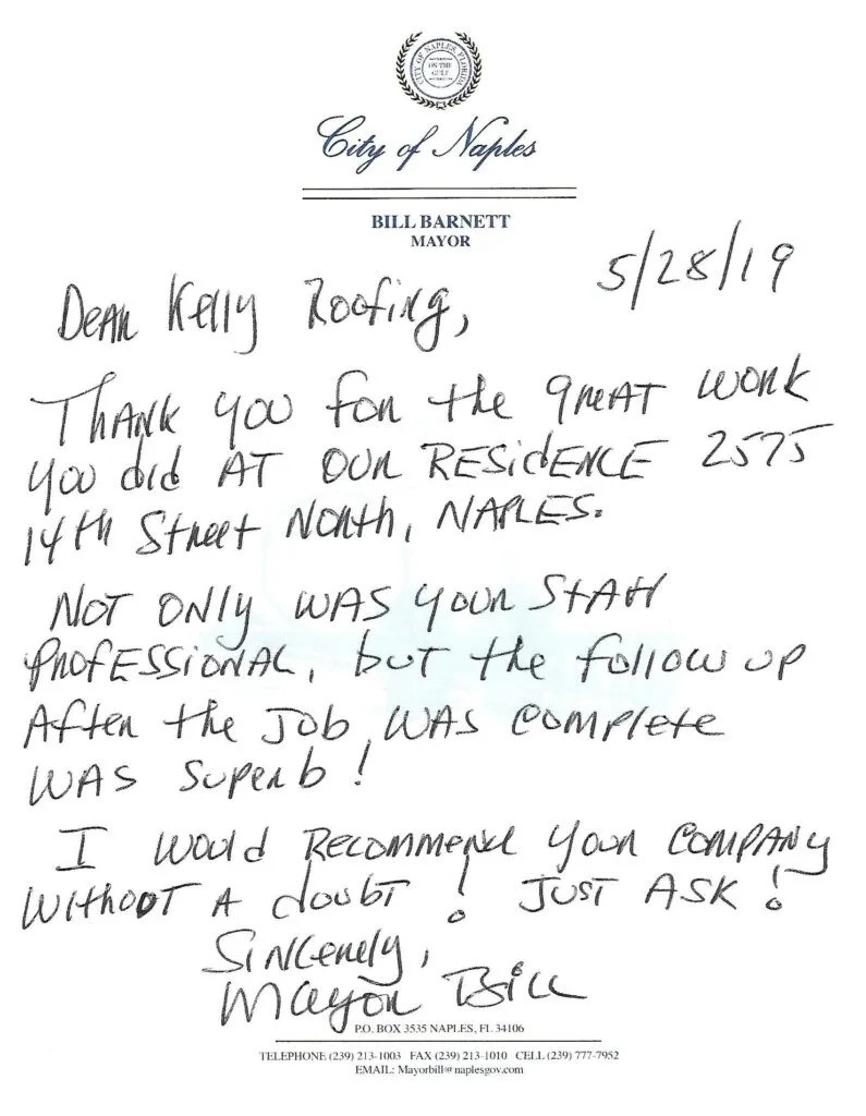 Handwritten thank-you letter from the City of Naples Mayor praising Kelly Roofing for professional work and excellent follow-up on a residential roofing project.