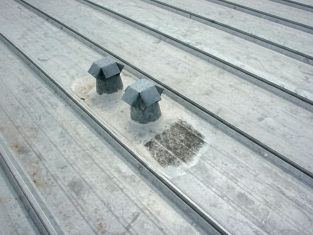 Two roof vent penetrations on a standing-seam metal roof with visible sealant wear and a patched area nearby.