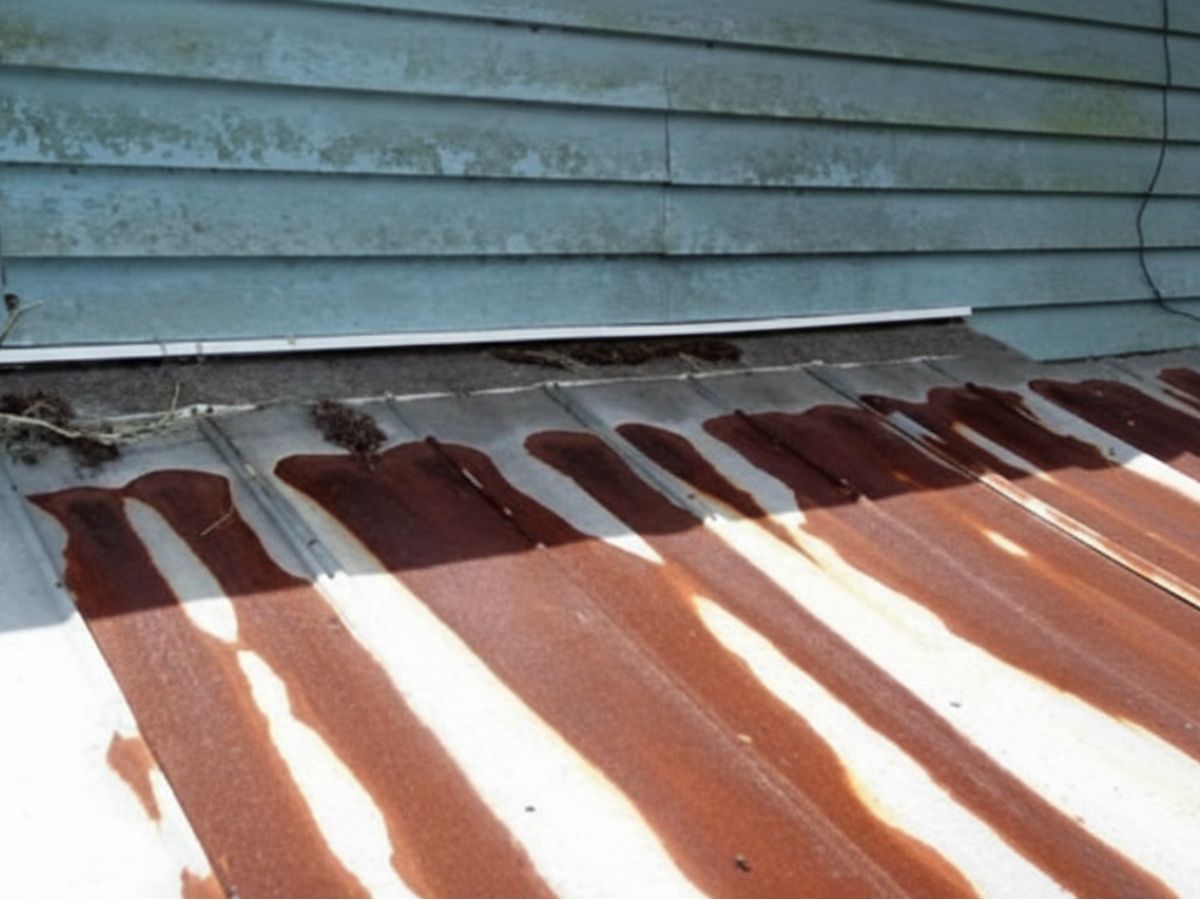 Rust streaks and debris at metal roof wall flashing
