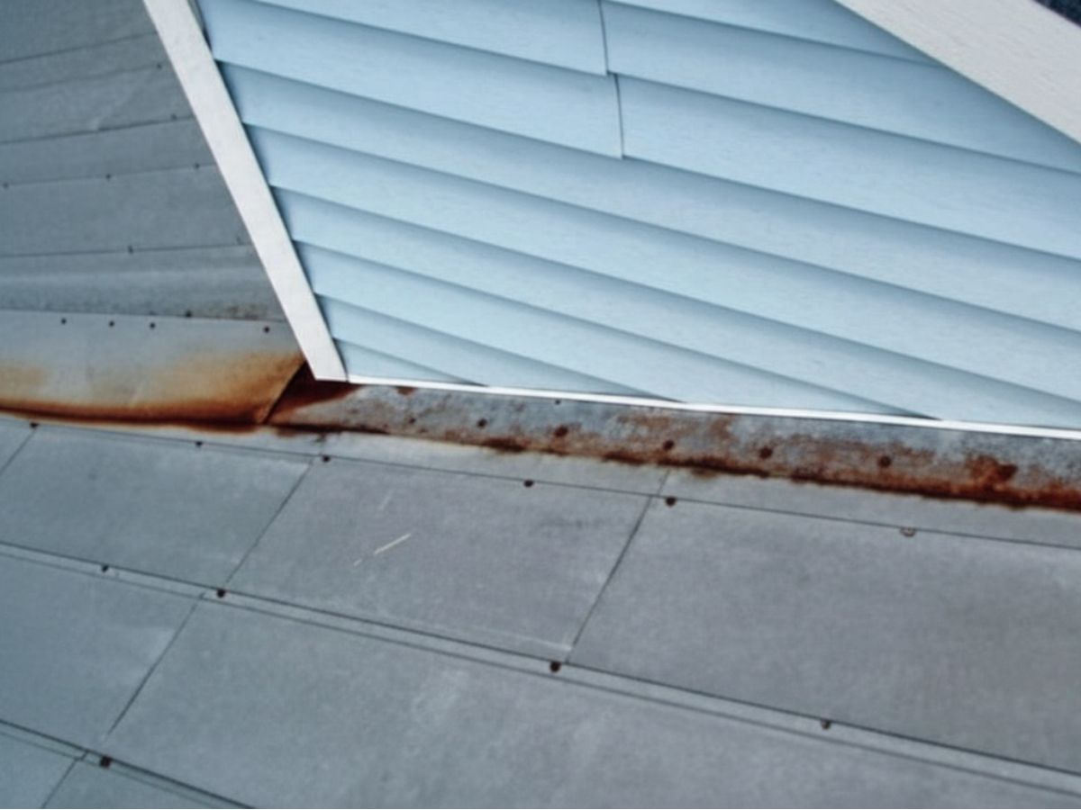 Rust buildup along metal roof wall flashing