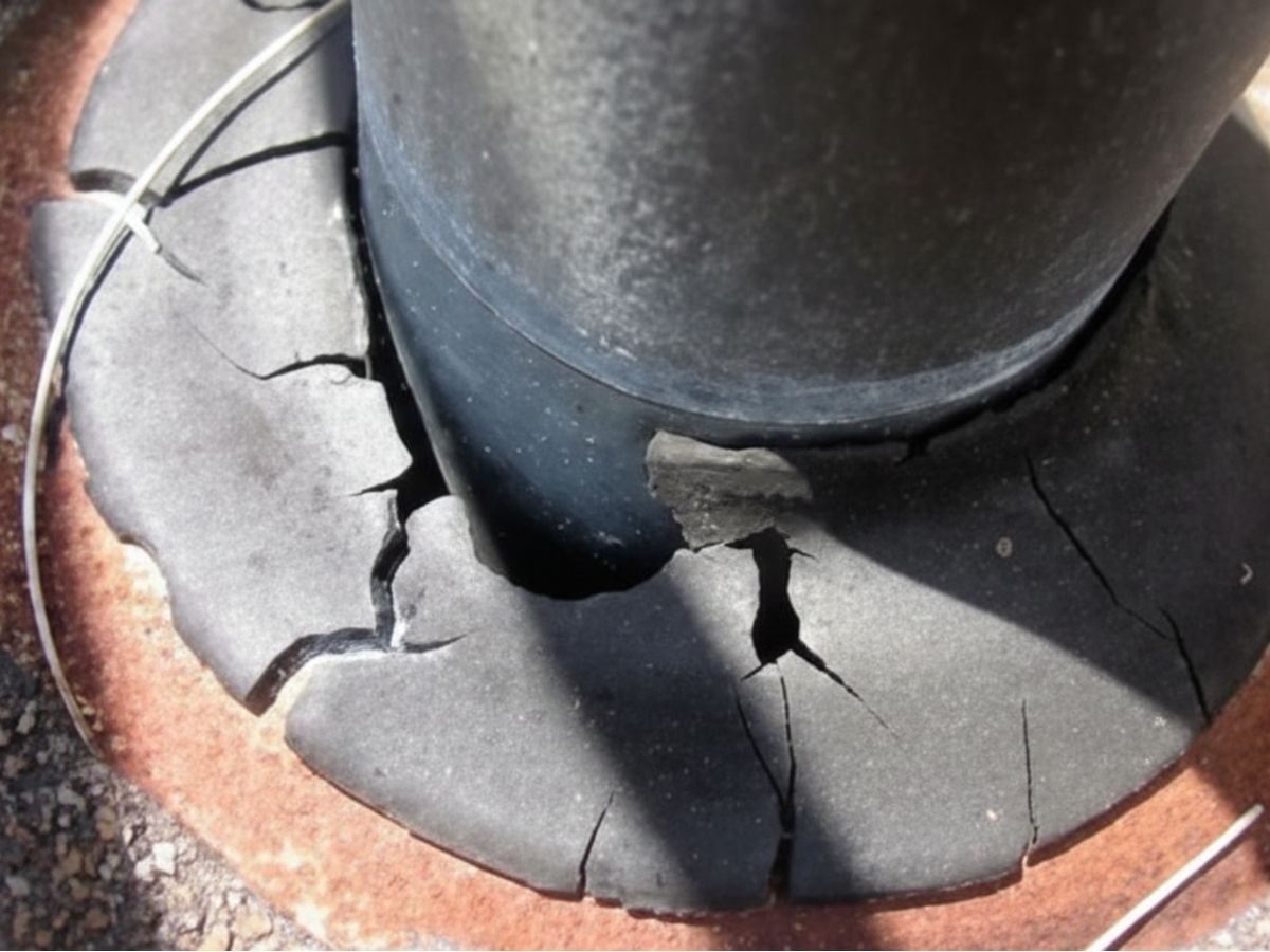 Cracked rubber flashing around a roof vent pipe, showing deteriorated seal that can allow water intrusion.
