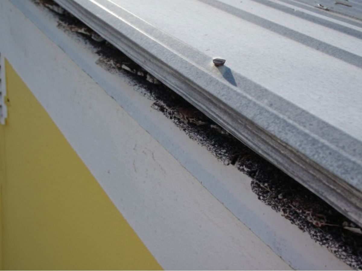Debris buildup along metal roof edge