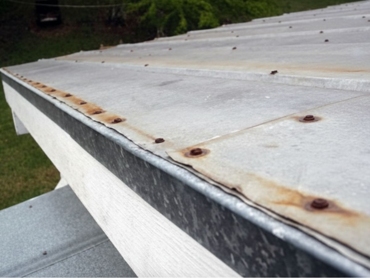 Exposed fasteners along the edge of a metal roof showing rust staining and corrosion at the panel seams.