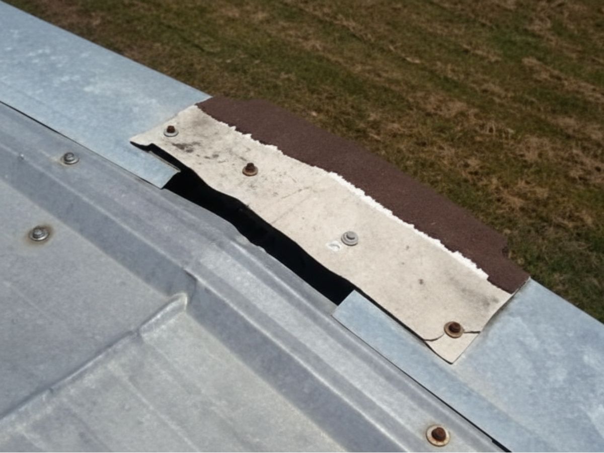 Gap in metal roof panel with exposed underlayment