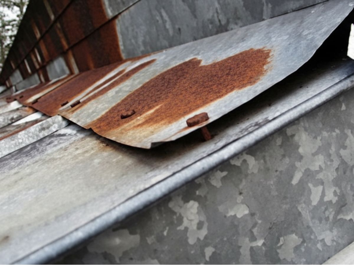 Rust damage on overlapping metal roof panels