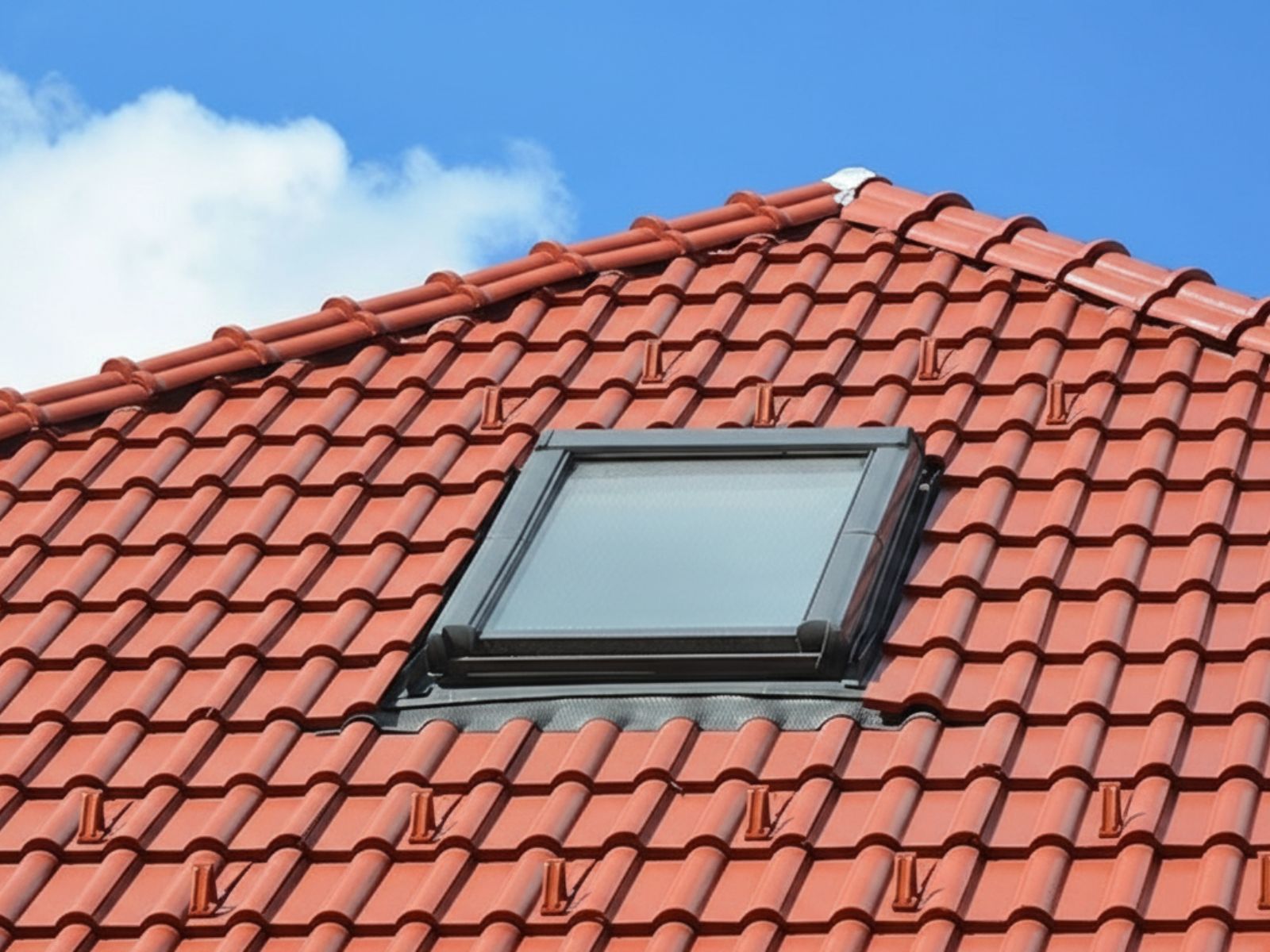 Tile roof with installed skylight window providing natural light and ventilation on a residential home