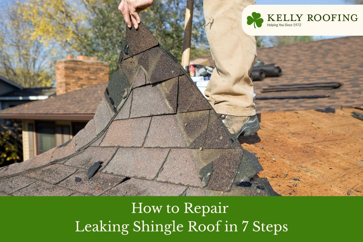 Roof repair worker removing damaged shingles on a leaking roof.