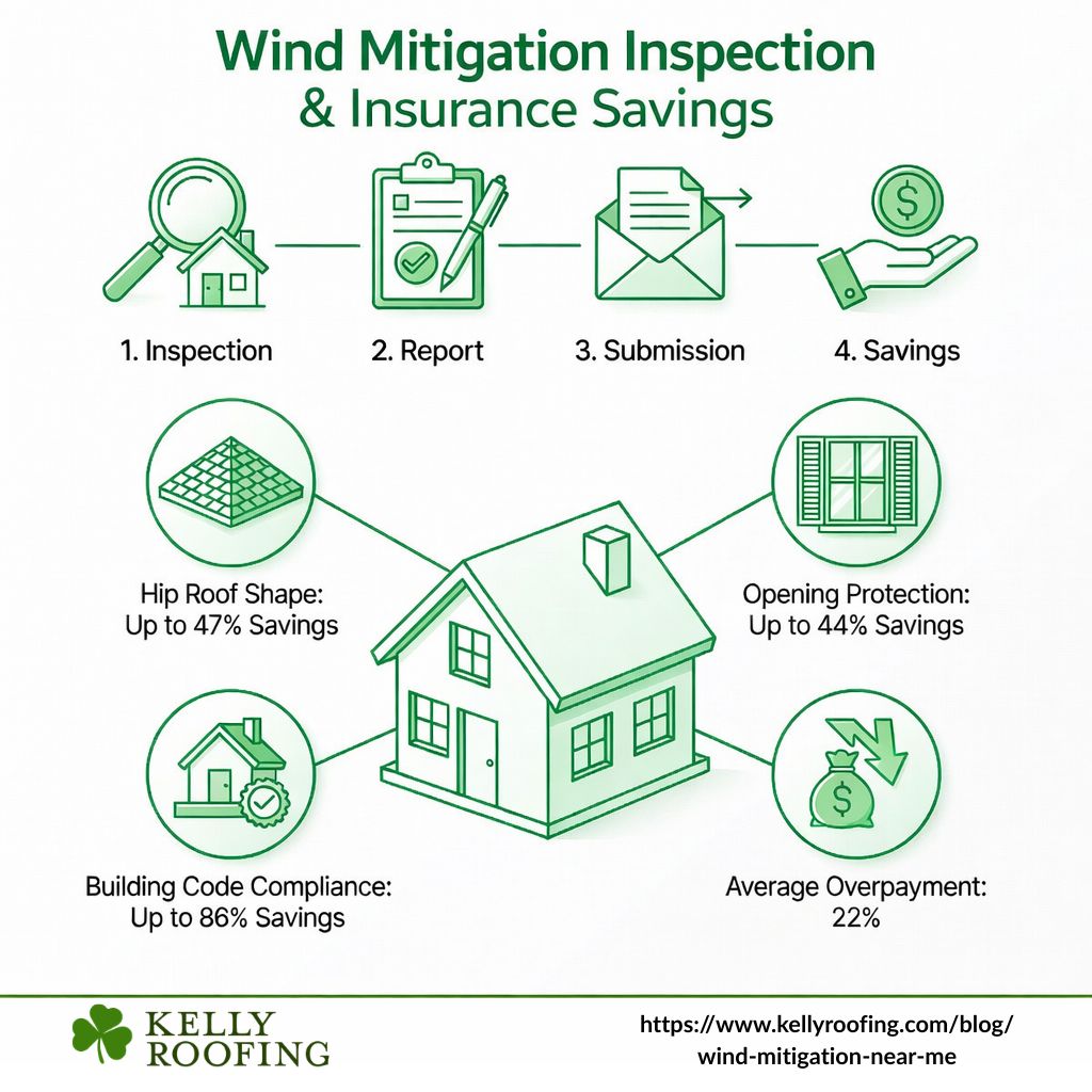 user-inserted Wind mitigation inspection process steps and potential insurance savings by feature - wind mitigation near me infographic